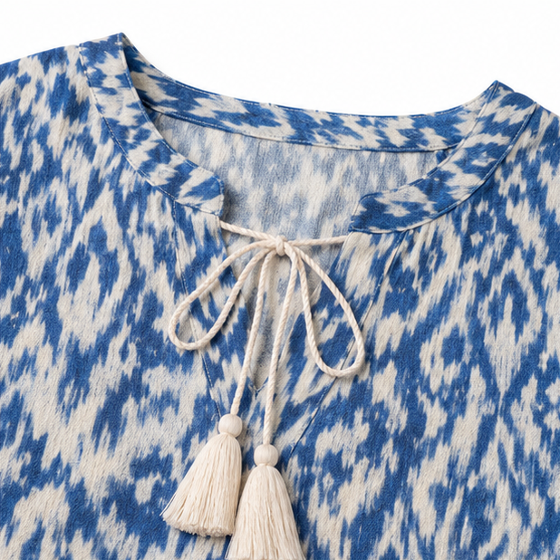 Solara – Ikat Print Boho Maxi Dress with Tassel V-Neck
