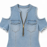 Solera – Cold Shoulder Zip Front Frayed Denim-like Mini Dress