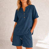 Lunessa – Cotton Linen 2 Piece Set Women Henley Top and Drawstring Shorts