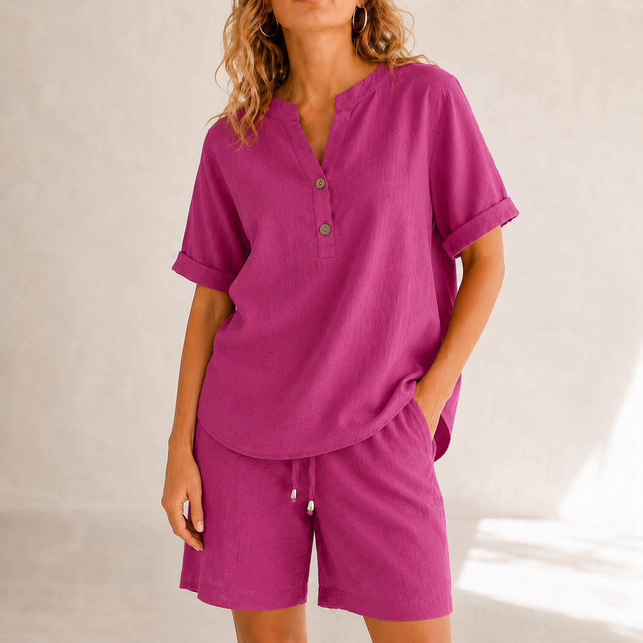 Lunessa – Cotton Linen 2 Piece Set Women Henley Top and Drawstring Shorts