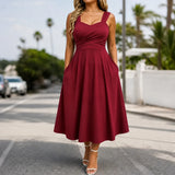 Vellora – Ruched Sweetheart Midi Dress with Pockets