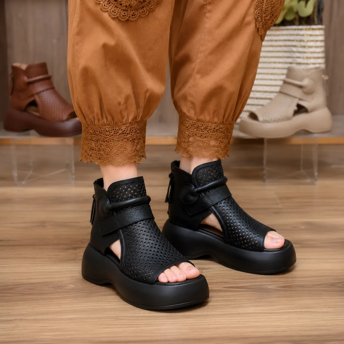 Terracora – Cut Out Platform Sandals with Back Zip, Cognac Espresso Beige