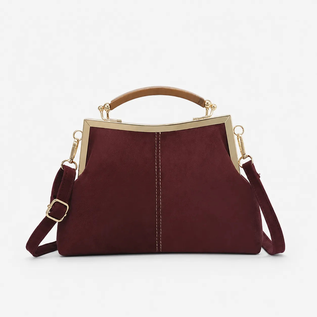 Marelli – Suede-look shell bag with gold tone-frame clasp and crossbody strap
