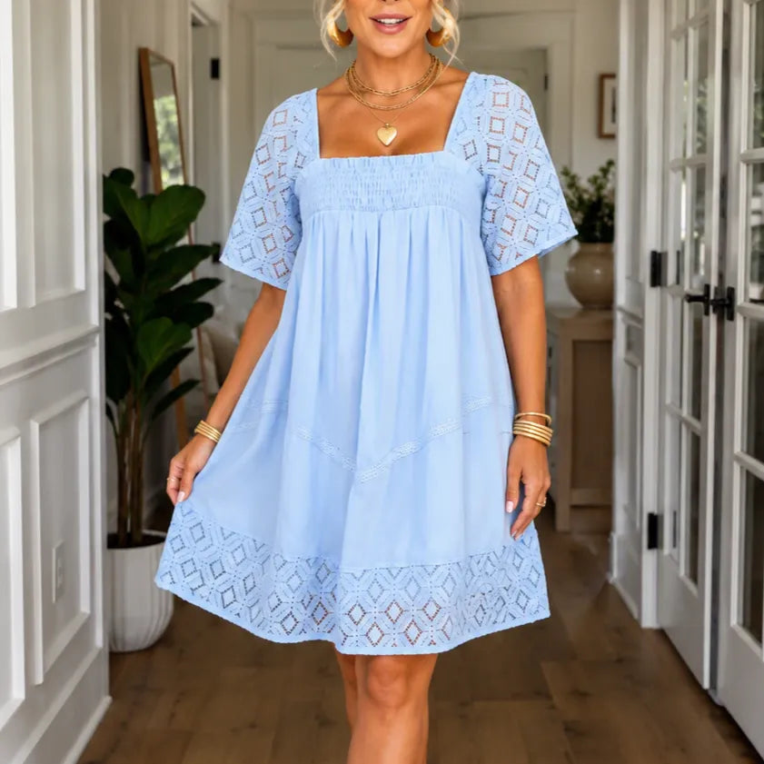 Vivelyn – Square Neck Smocked Babydoll Mini Dress with Lace Sleeves