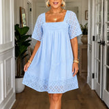 Vivelyn – Square Neck Smocked Babydoll Mini Dress with Lace Sleeves