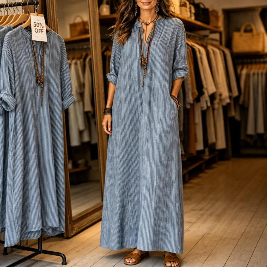 Vestara – Boho Striped V-Neck Maxi Dress with Pockets, Long Sleeves