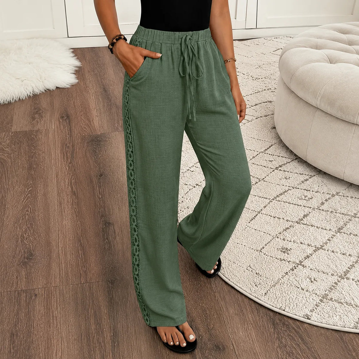 Marella – Wide Leg Boho Pants with Lace-like Side Trim and Drawstring Waist