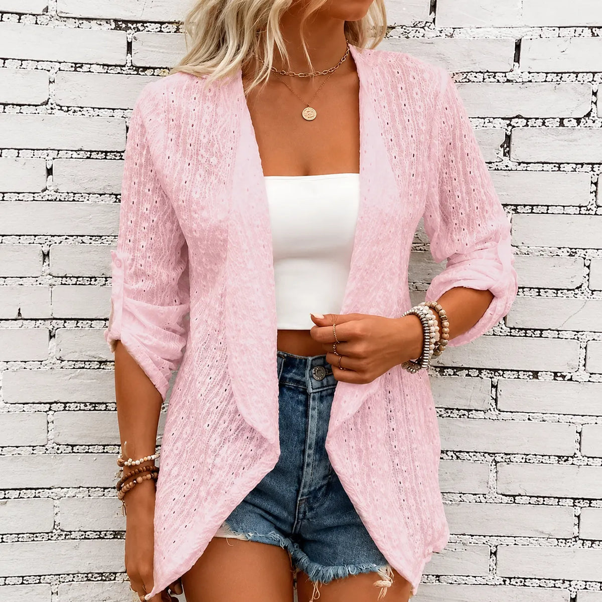 Solelle – Eyelet Waterfall Open-Front Cardigan for Women