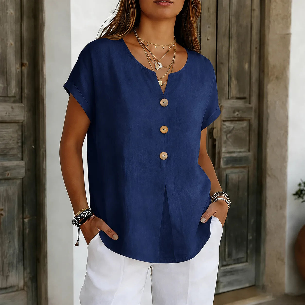 Lyneva – Linen-Look V-Neck Button Top for Women, Relaxed Casual Short-Sleeve Blouse