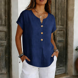 Lyneva – Linen-Look V-Neck Button Top for Women, Relaxed Casual Short-Sleeve Blouse