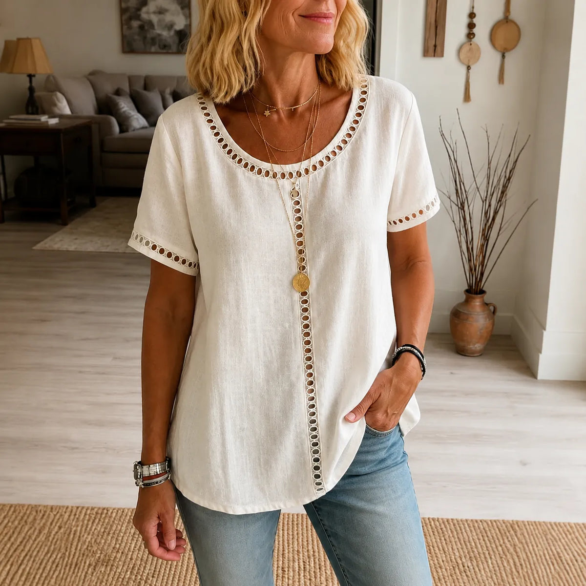 Marellia – Boho Openwork Trim Tunic Top for Women, Relaxed Fit Short Sleeve Summer Blouse