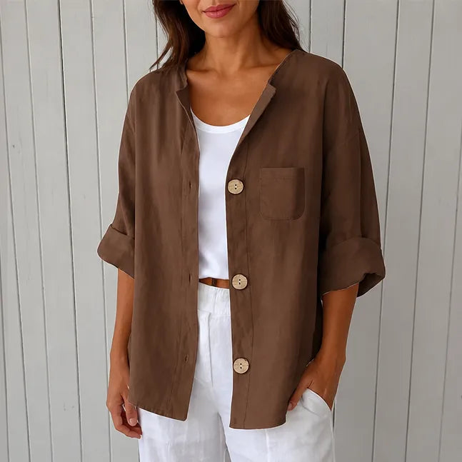 Marelle – Relaxed Fit Linen-Look Button Blouse with ¾ Sleeve