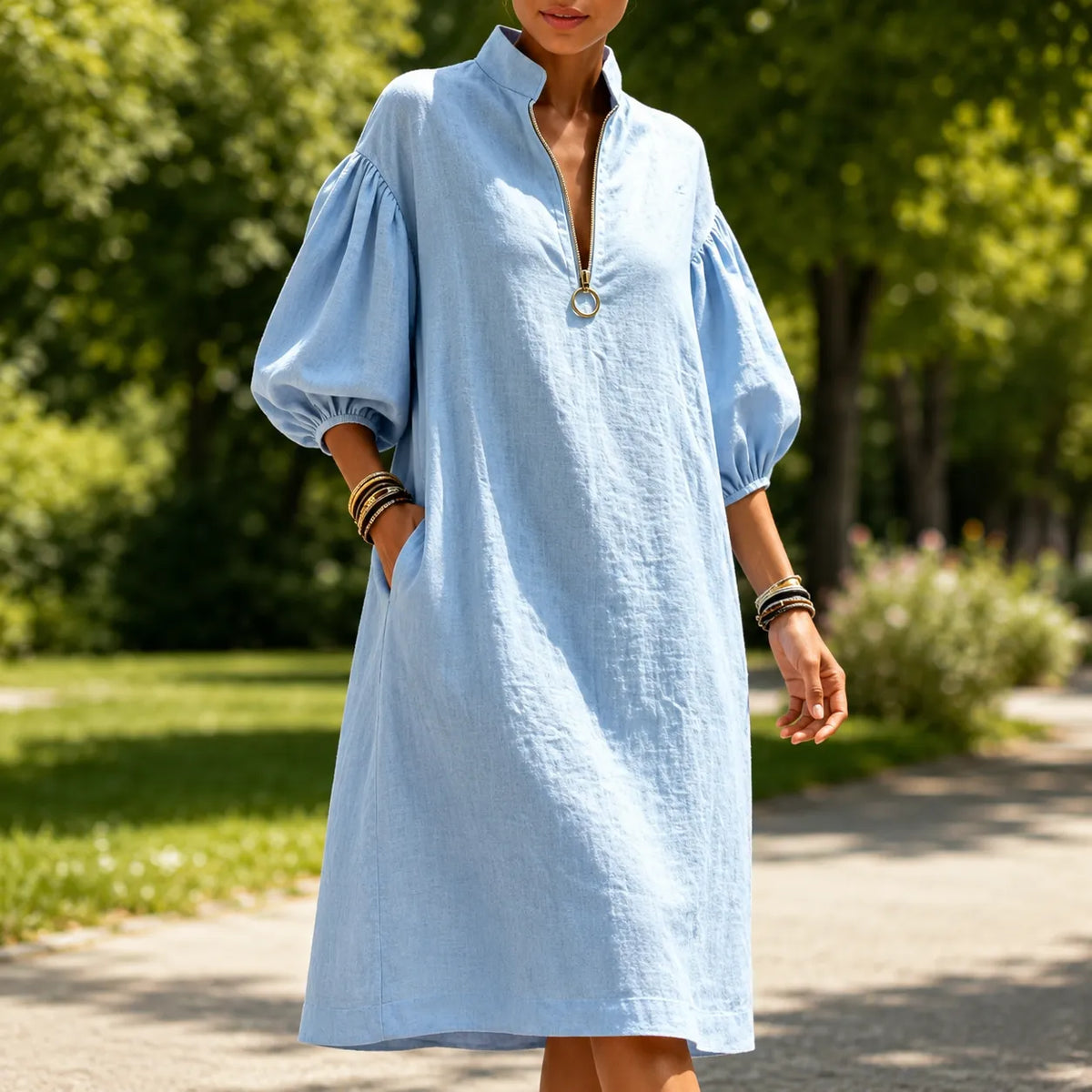 Solvana – Half-Zip Puff Sleeve Loose Midi Dress with Pockets