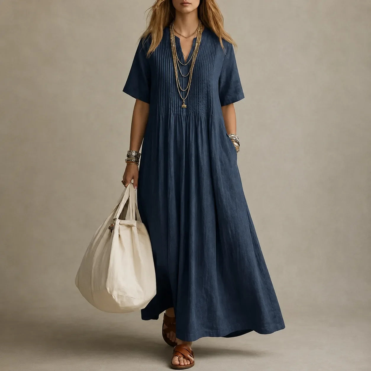 Lunavia – Pleated V-Neck Maxi Dress with Pockets