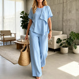 Solavia – Asymmetric Drape Top and Wide Leg Pants Set for Women