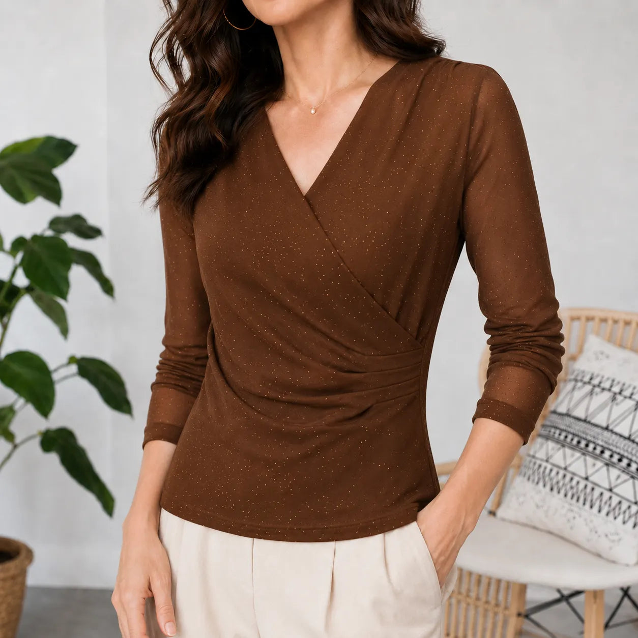 Solavia – Sparkle Ruched Crossover V-Neck Top with Sheer Mesh Sleeves