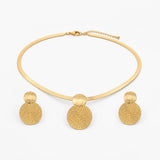 Aurenza – Gold necklace and earring set, textured medallion, flat snake chain