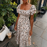 Florenza – Square Neck Floral Midi Dress with Smocked Bodice & Tiered Skirt