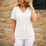 Velora – Pleated V-Neck Tunic Top for Women, Soft Drape Casual Blouse
