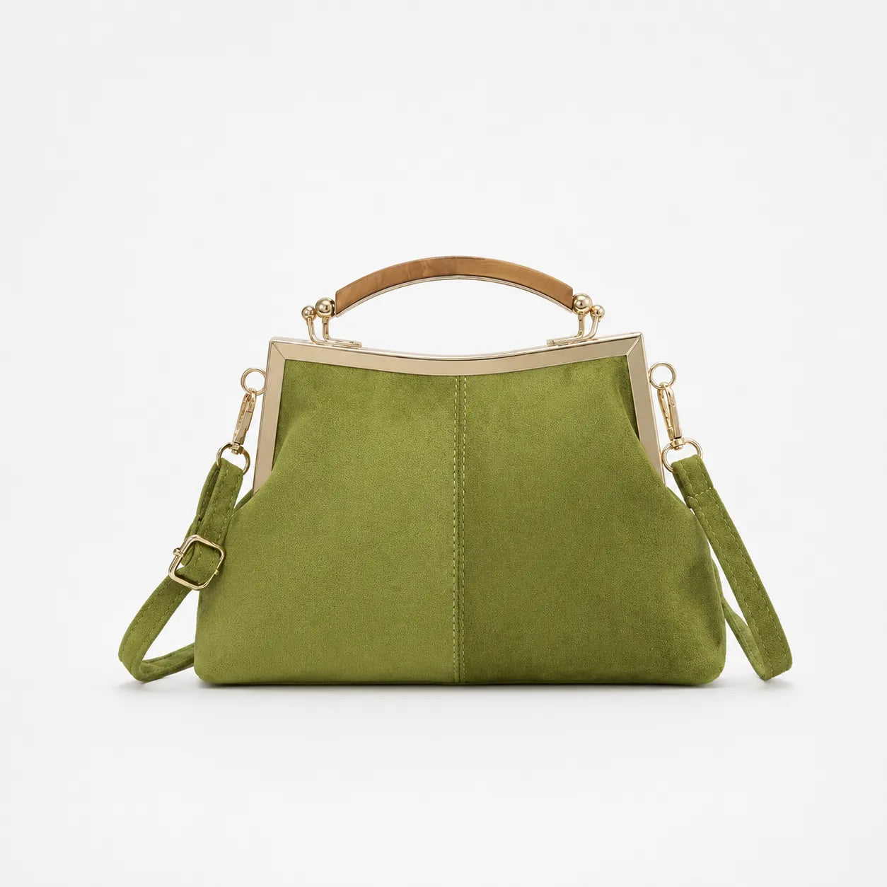 Marelli – Suede-look shell bag with gold tone-frame clasp and crossbody strap