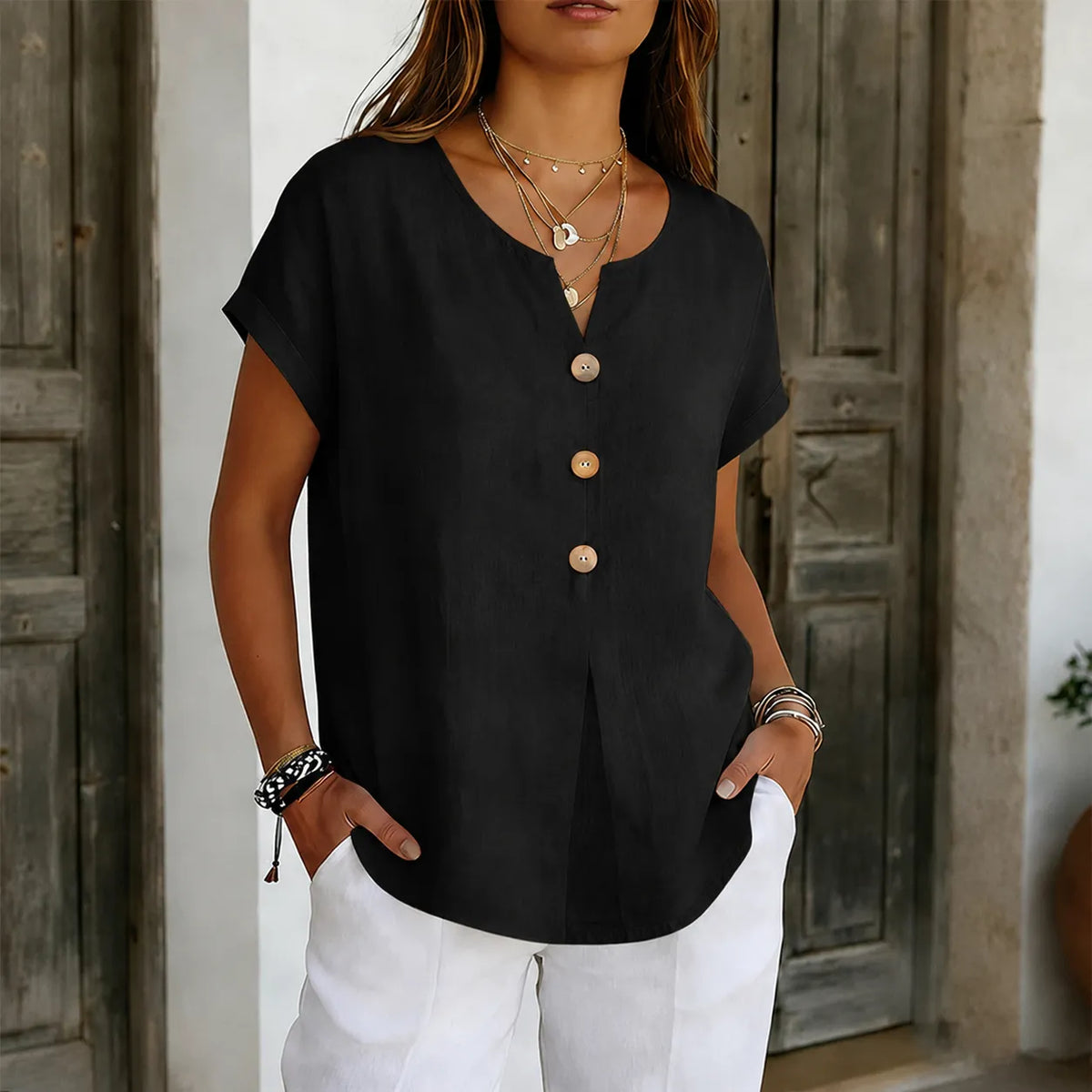 Lyneva – Linen-Look V-Neck Button Top for Women, Relaxed Casual Short-Sleeve Blouse