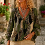Sorelia – Mixed Print Patchwork Blouse, Leopard & Paisley V Neck