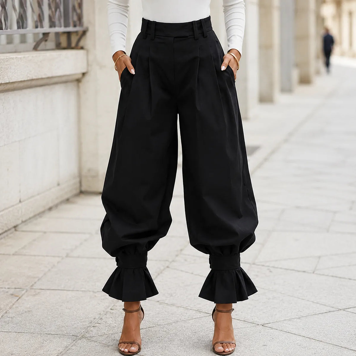 Verona – High Waist Pleated Lantern Pants with Ruffled Cuff