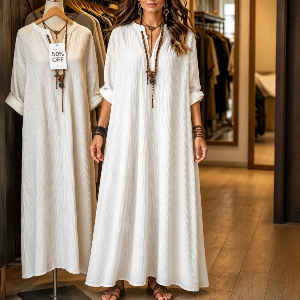 Vestara – Boho Striped V-Neck Maxi Dress with Pockets, Long Sleeves