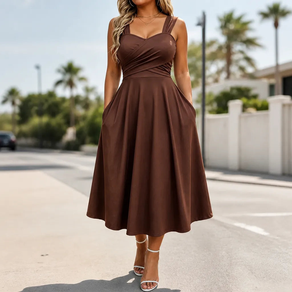 Vellora – Ruched Sweetheart Midi Dress with Pockets