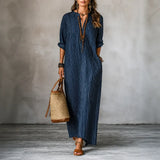 Vestara – Boho Striped V-Neck Maxi Dress with Pockets, Long Sleeves