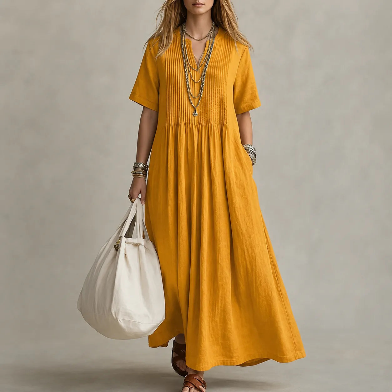 Lunavia – Pleated V-Neck Maxi Dress with Pockets