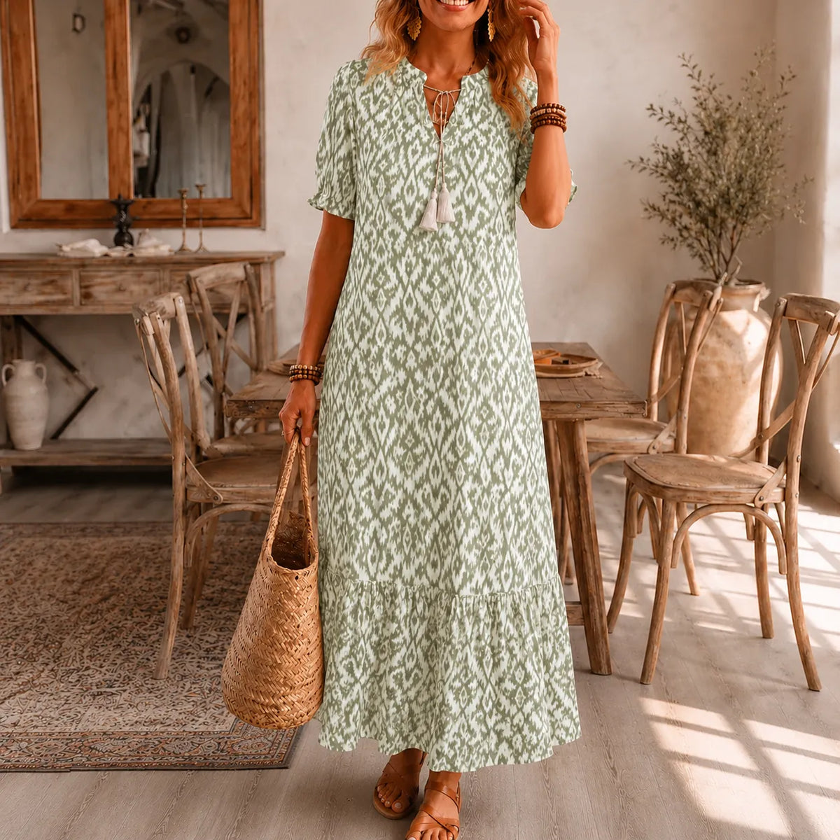 Solara – Ikat Print Boho Maxi Dress with Tassel V-Neck
