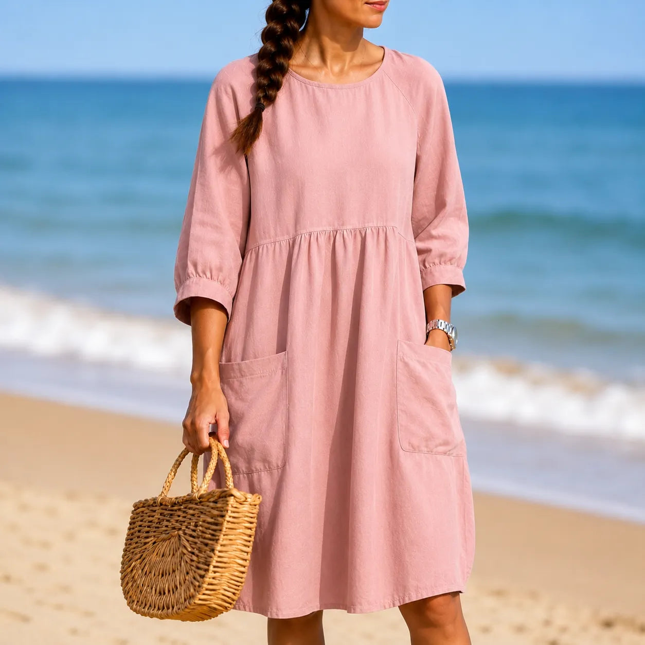 Marelle – Linen-Look Midi Dress with Three-Quarter Sleeves & Pockets