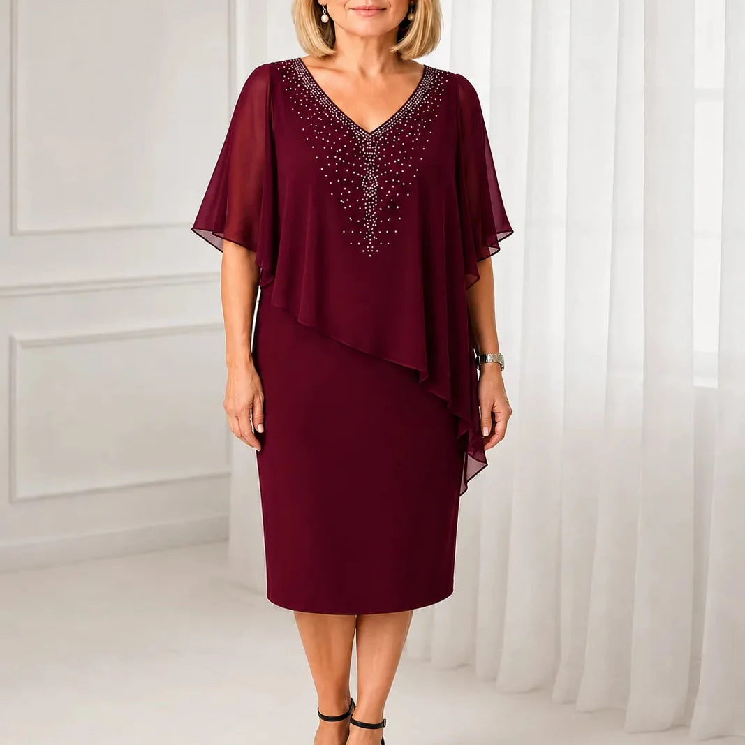 Velora – Rhinestone Look V-Neck Chiffon Like Cape Midi Dress