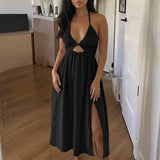 Solvenya – V-Neck Halter Maxi Dress with Cutout and Slit