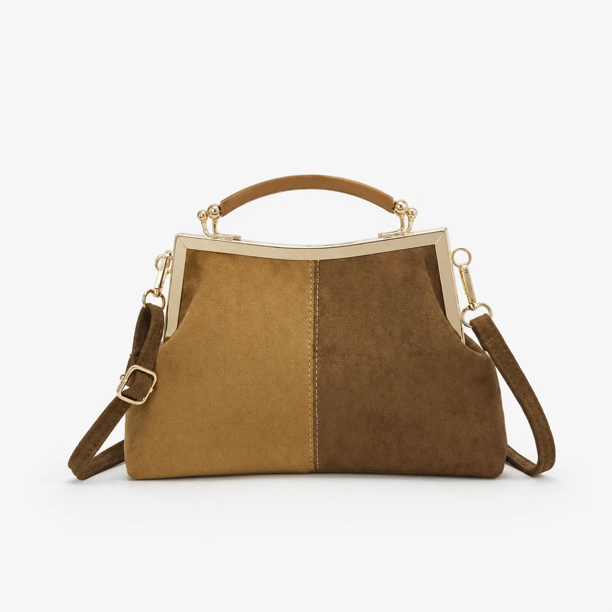 Marelli – Suede-look shell bag with gold tone-frame clasp and crossbody strap