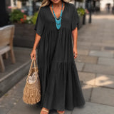 Vellira – Plus Size V-Neck Tiered Midi Dress