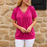 Velora – Pleated V-Neck Tunic Top for Women, Soft Drape Casual Blouse