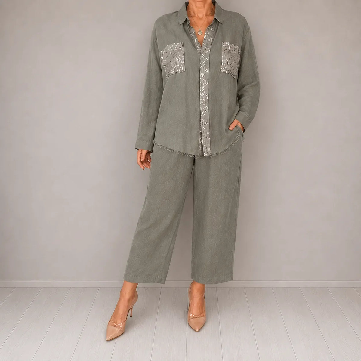Sielora – Sequin Pocket Two Piece Set Wide Leg Pants Shirt Co-ord Women