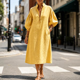Solvana – Half-Zip Puff Sleeve Loose Midi Dress with Pockets