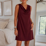 Solvea – Cowl Neck Shift Dress, Sleeveless Mini with Side Pockets
