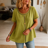 Marellia – Boho Openwork Trim Tunic Top for Women, Relaxed Fit Short Sleeve Summer Blouse