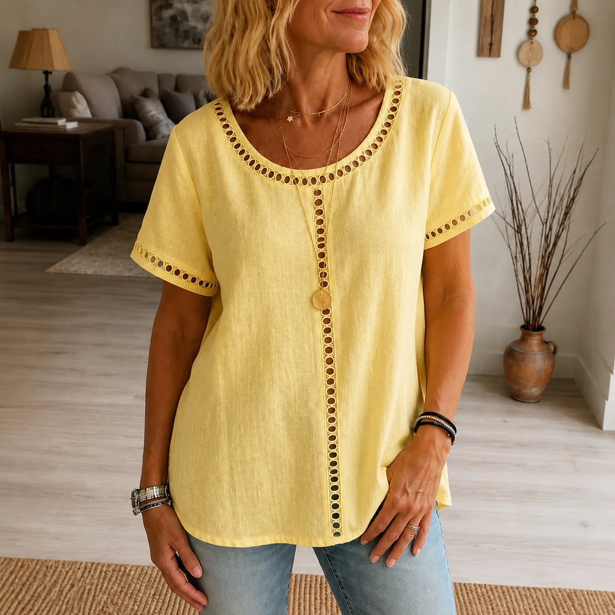 Marellia – Boho Openwork Trim Tunic Top for Women, Relaxed Fit Short Sleeve Summer Blouse