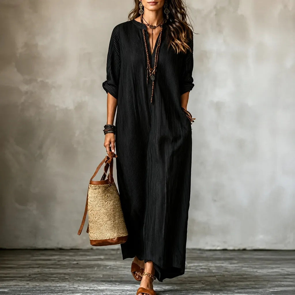 Vestara – Boho Striped V-Neck Maxi Dress with Pockets, Long Sleeves