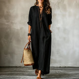 Vestara – Boho Striped V-Neck Maxi Dress with Pockets, Long Sleeves