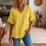 Lorelei – Boho Frayed-Trim V-Neck Tee for Women, Loose Tummy-Hiding Fit