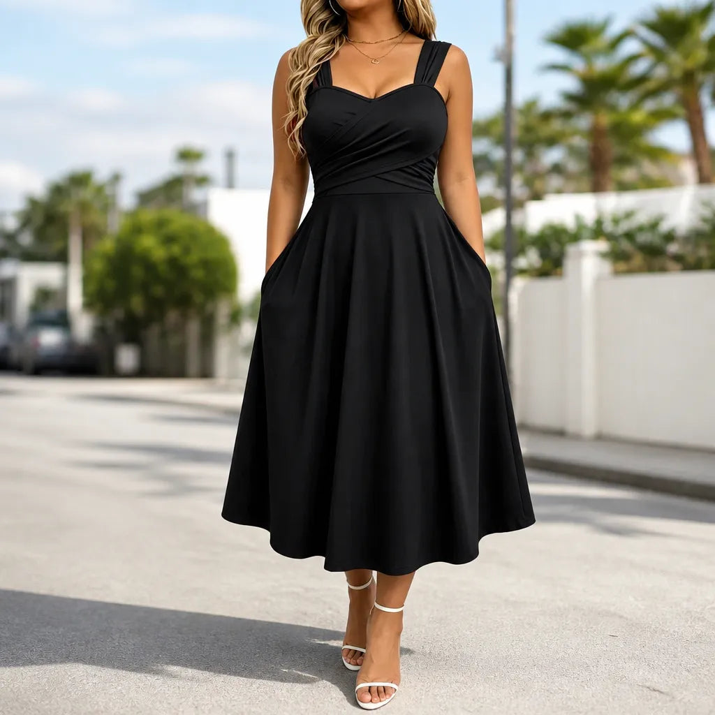 Vellora – Ruched Sweetheart Midi Dress with Pockets
