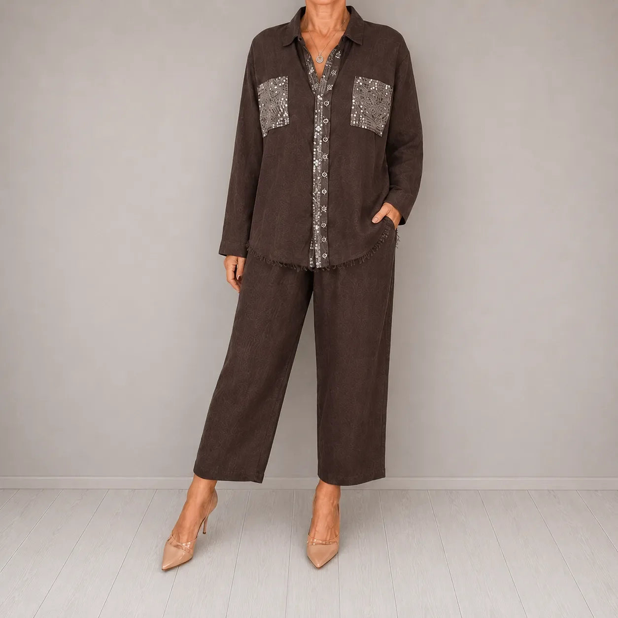 Sielora – Sequin Pocket Two Piece Set Wide Leg Pants Shirt Co-ord Women