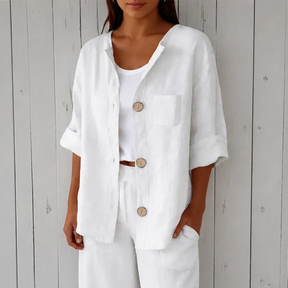 Marelle – Relaxed Fit Linen-Look Button Blouse with ¾ Sleeve