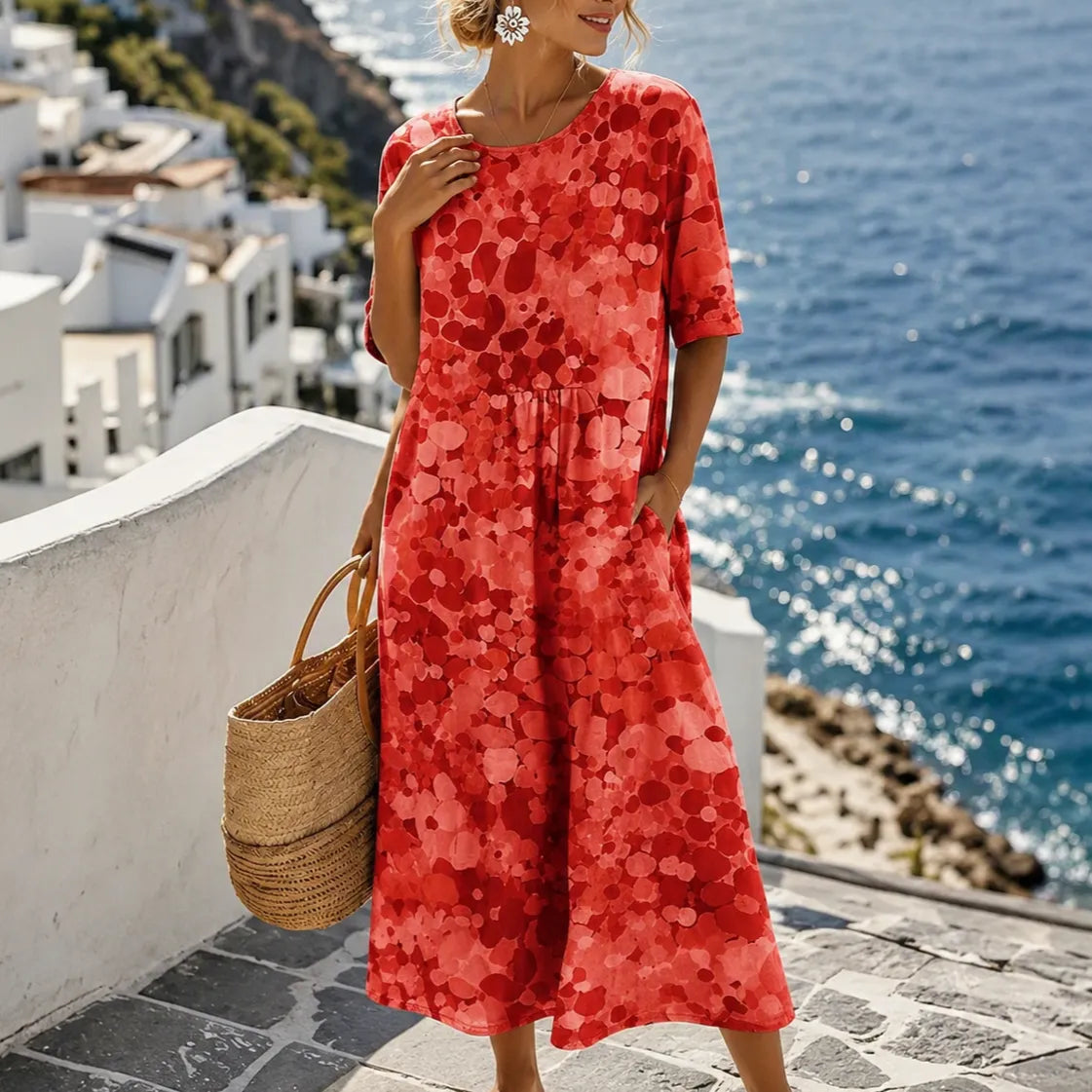 Marivella – Floral Loose Midi Dress with Hidden Pockets